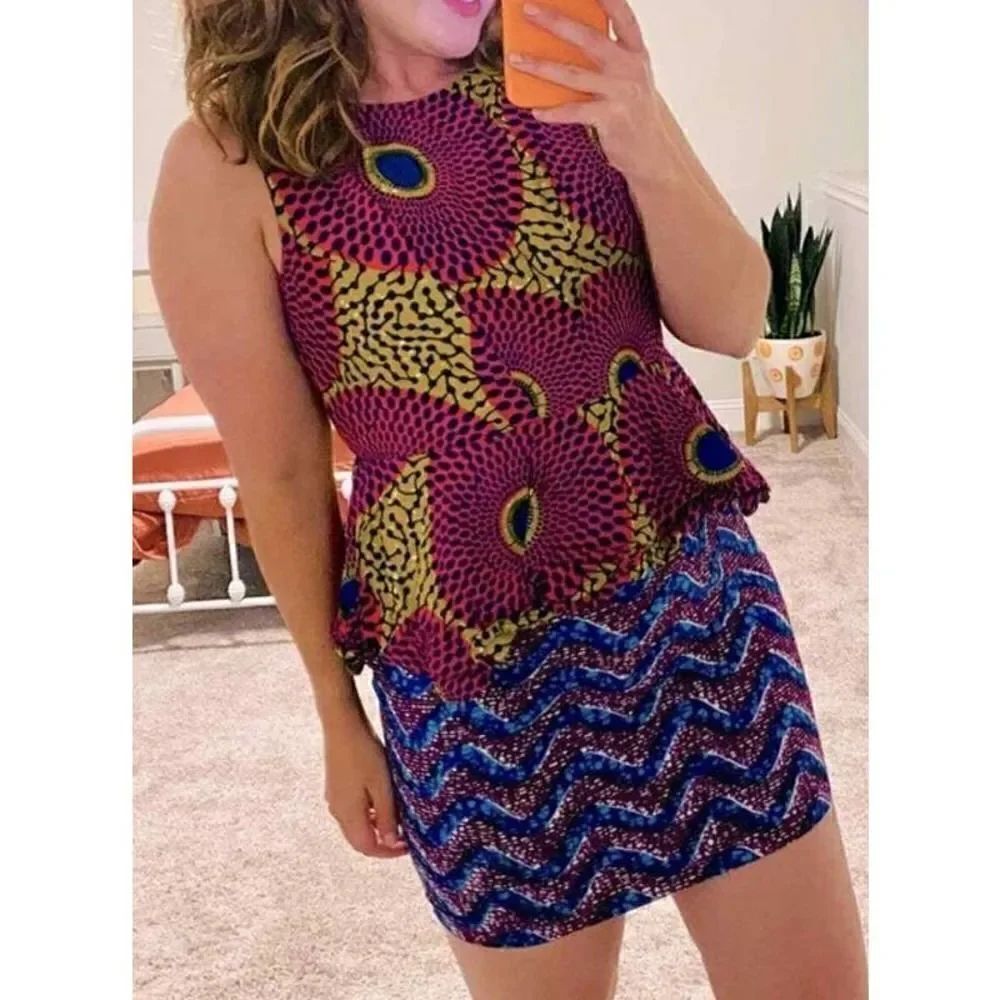 Suakoko Betty Pink African Blue Batik Mini Dress Sz. 14 (Fits Like Medium)